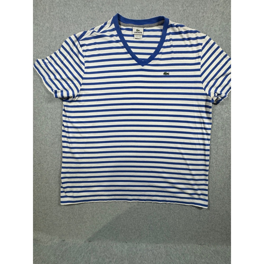Lacoste Mens Blue White Striped V-Neck T-Shirt Size 9 3XL Short Sleeve Cotton